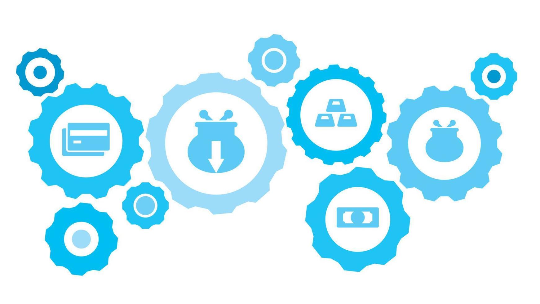 Connected gears and vector icons for logistic, service, shipping, distribution, transport, market, communicate concepts. Bills, cash, money, dollar gear blue icon set on white background