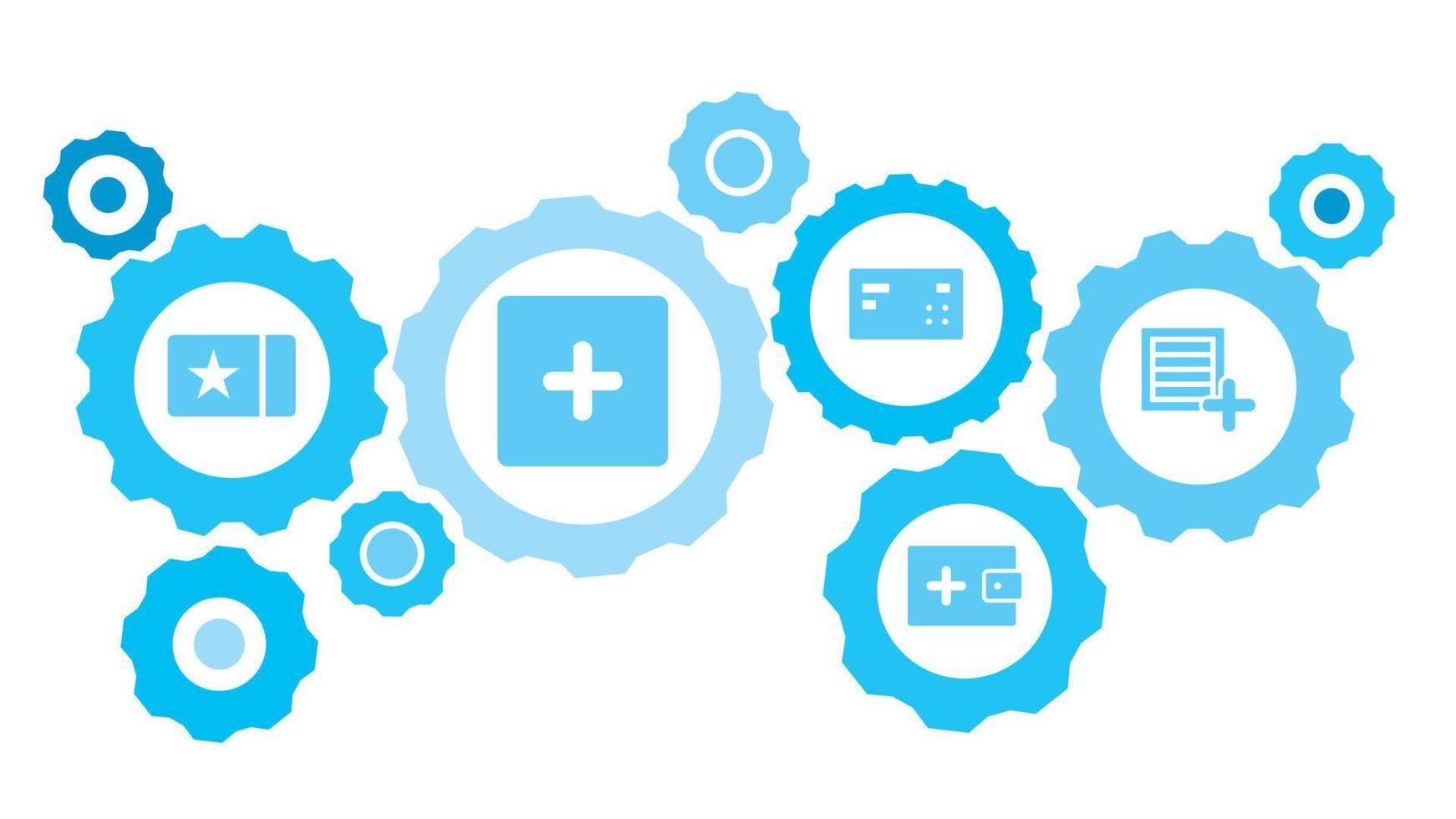 Connected gears and vector icons for logistic, service, shipping, distribution, transport, market, communicate concepts. New, order, box gear blue icon set on white background