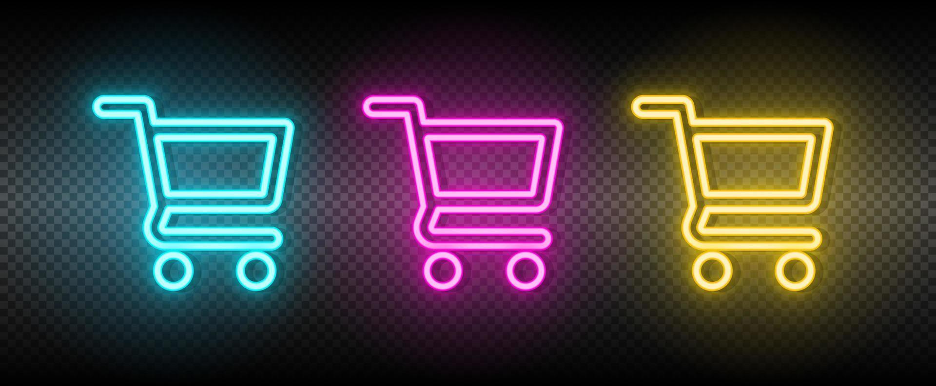 cart, shopping neon vector icon. Illustration neon blue, yellow, red icon set