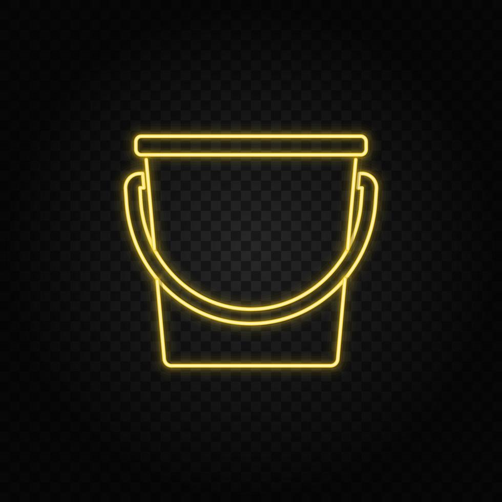 Yellow neon icon bucket, ice bucket. Transparent background. Yellow neon vector icon on dark background