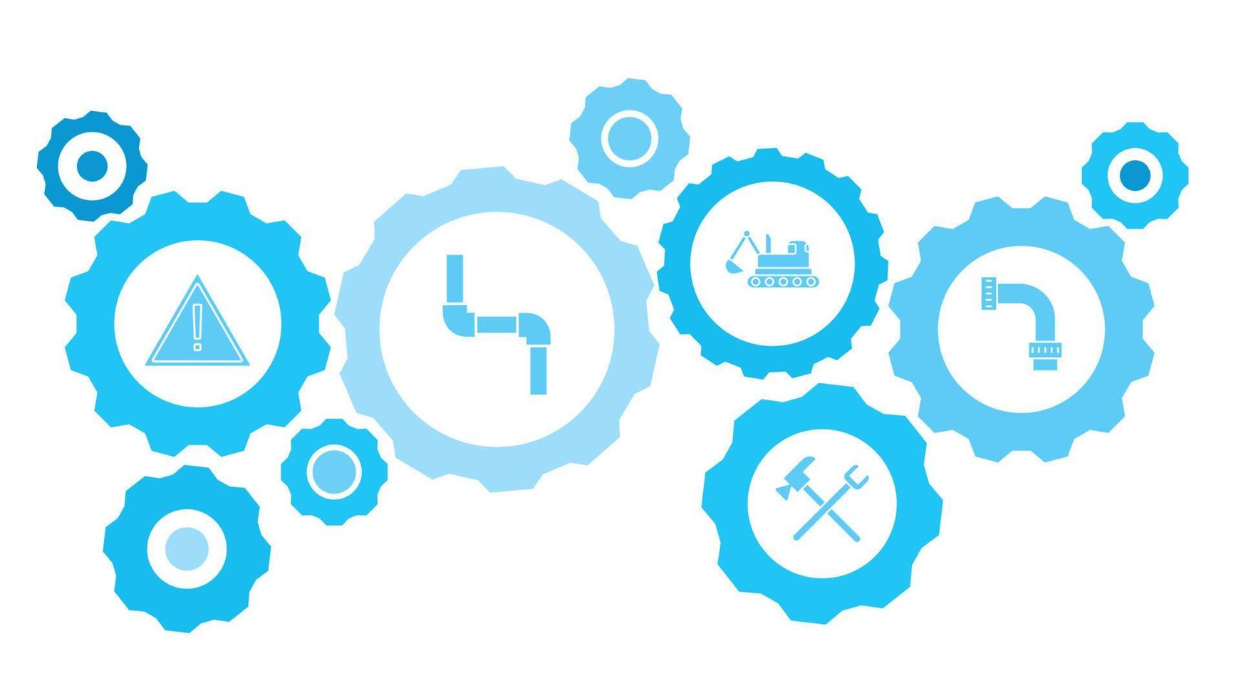 Connected gears and vector icons for logistic, service, shipping, distribution, transport, market, communicate concepts. building, construction, industry, pipe gear blue icon set on white background