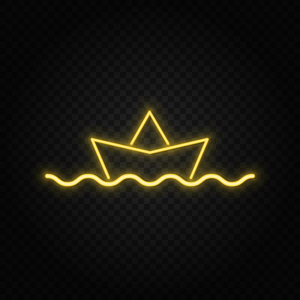 Yellow neon icon boar, paper, sea, business.Transparent background. Yellow neon vector icon on dark background