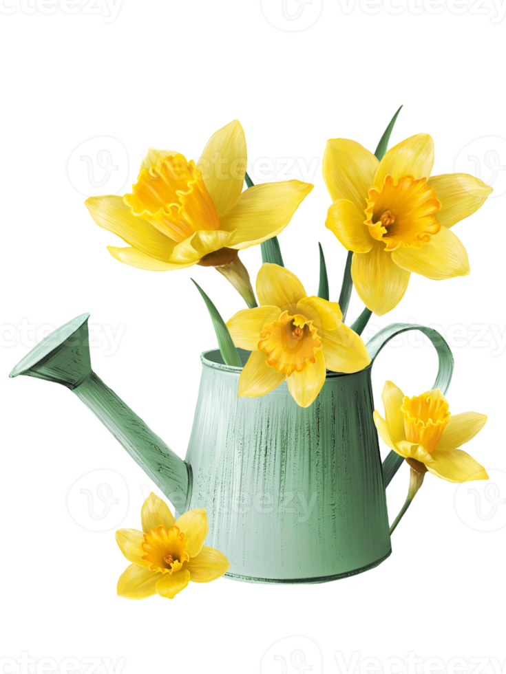 yellow daffodils in a watering can illustration png