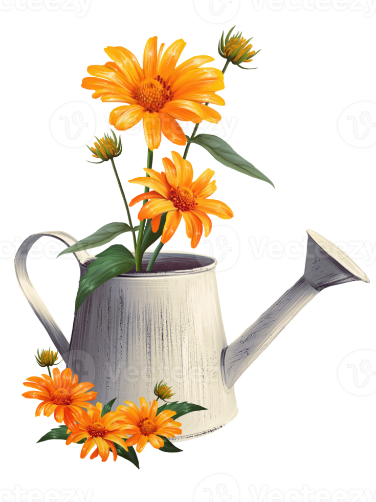 asters in a watering can illustration png