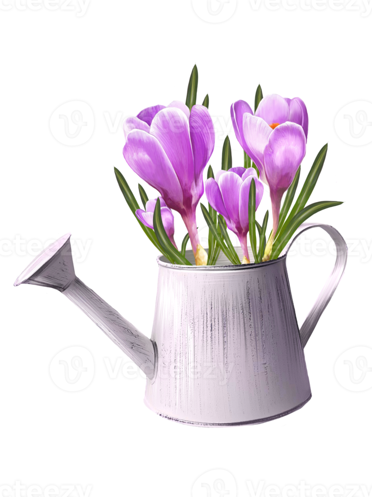 purple crocuses in a watering can illustration png