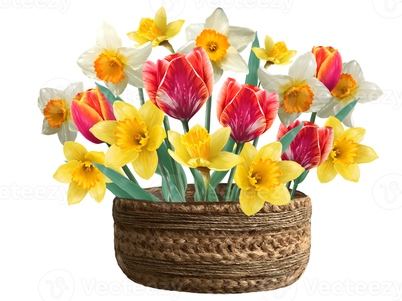bouquet of tulips and daffodils in a flower pot illustration png
