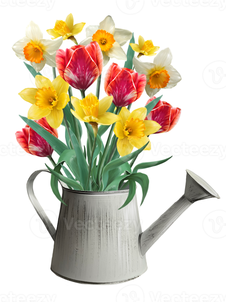 daffodils and tulips in a flowerpot illustration png