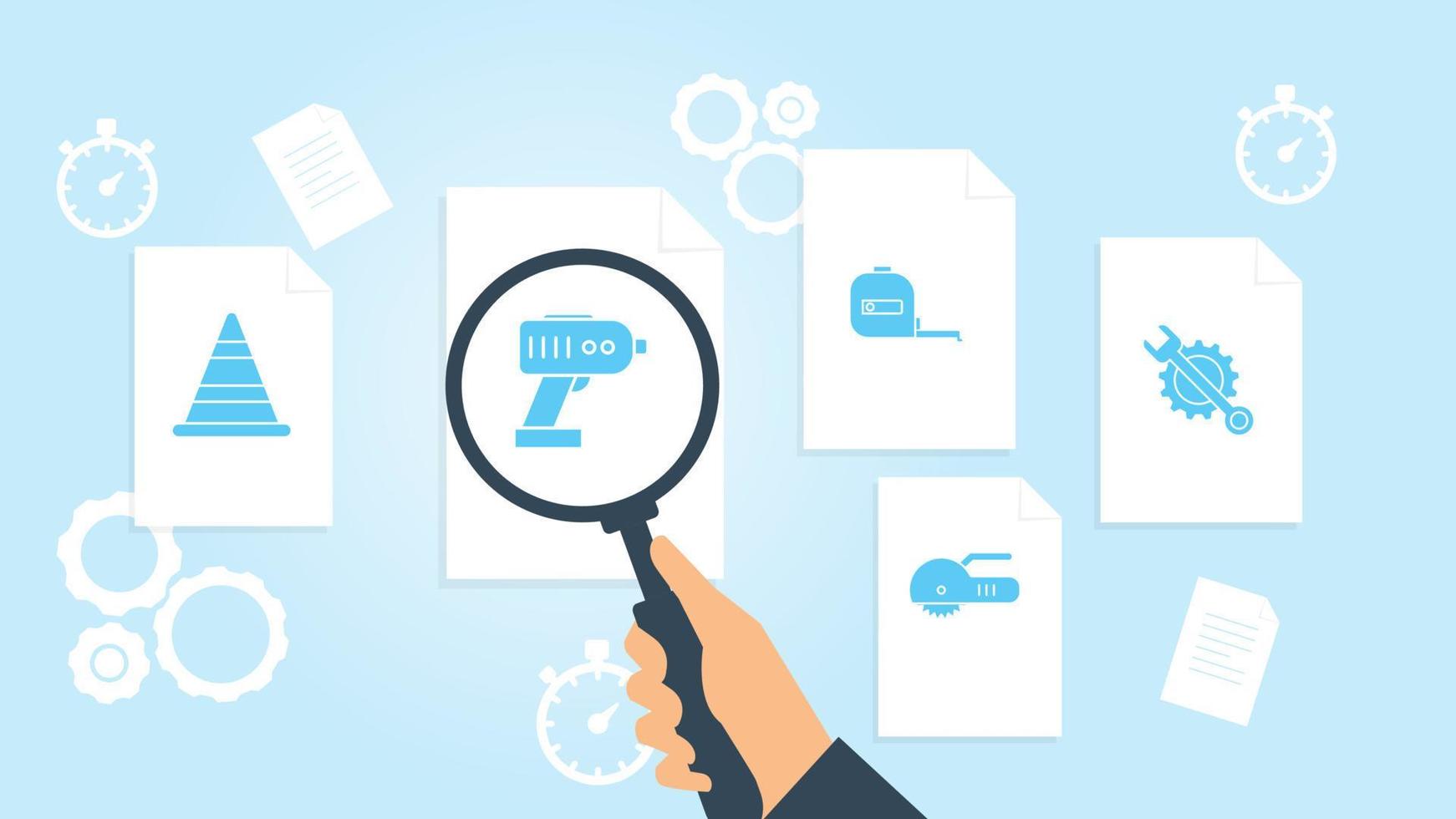 Document with search icons. File and magnifying glass. Analytics research sign. Vector Illustration, building, setting file, document research vector illustration on white background