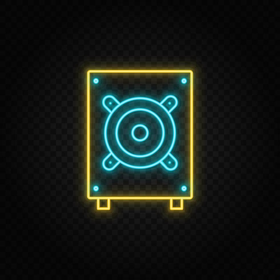 Bass, hardware. Blue and yellow neon vector icon. Transparent background on dark background