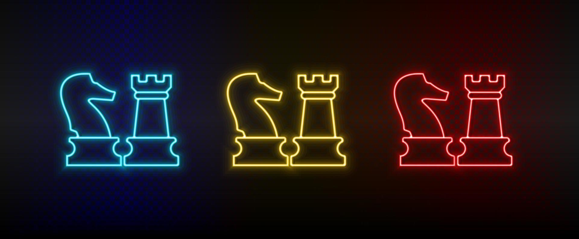 Neon icon set business, chess. Set of red, blue, yellow neon vector icon on transparency dark background