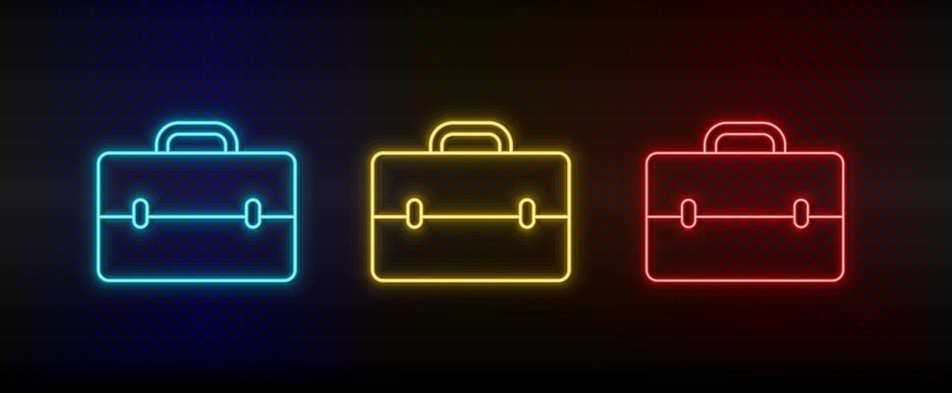 Neon icons, briefcase. Set of red, blue, yellow neon vector icon on darken transparent background