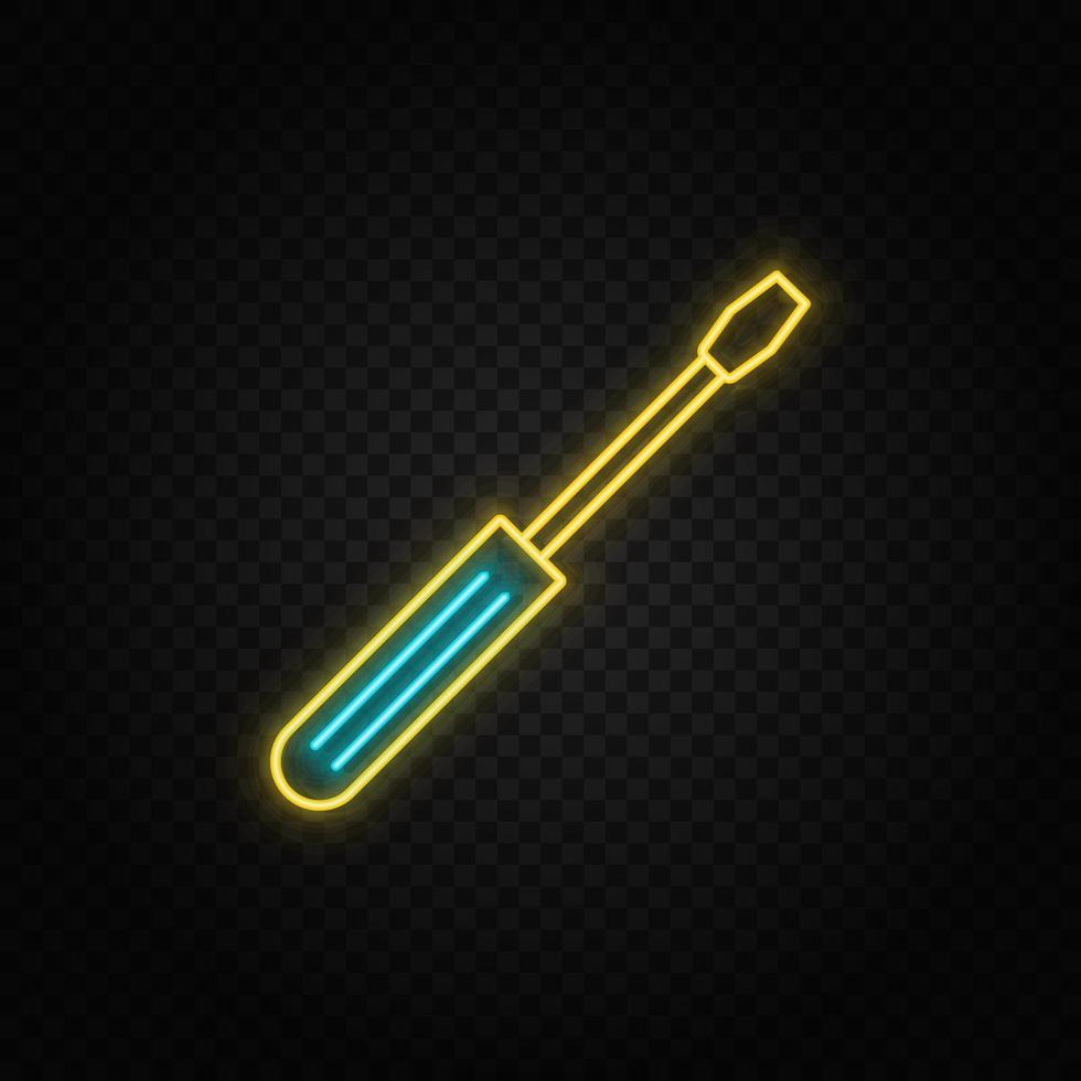 building, construction, industry, screwdriver. Blue and yellow neon vector icon. Vector transparent background