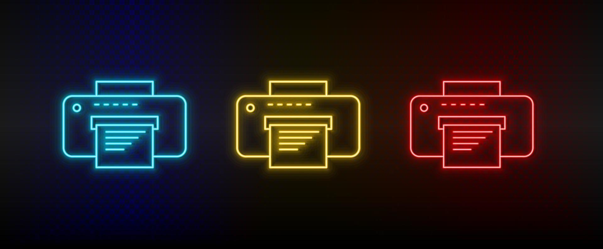Neon icon set Copy printer. Set of red, blue, yellow neon vector icon on transparency dark background