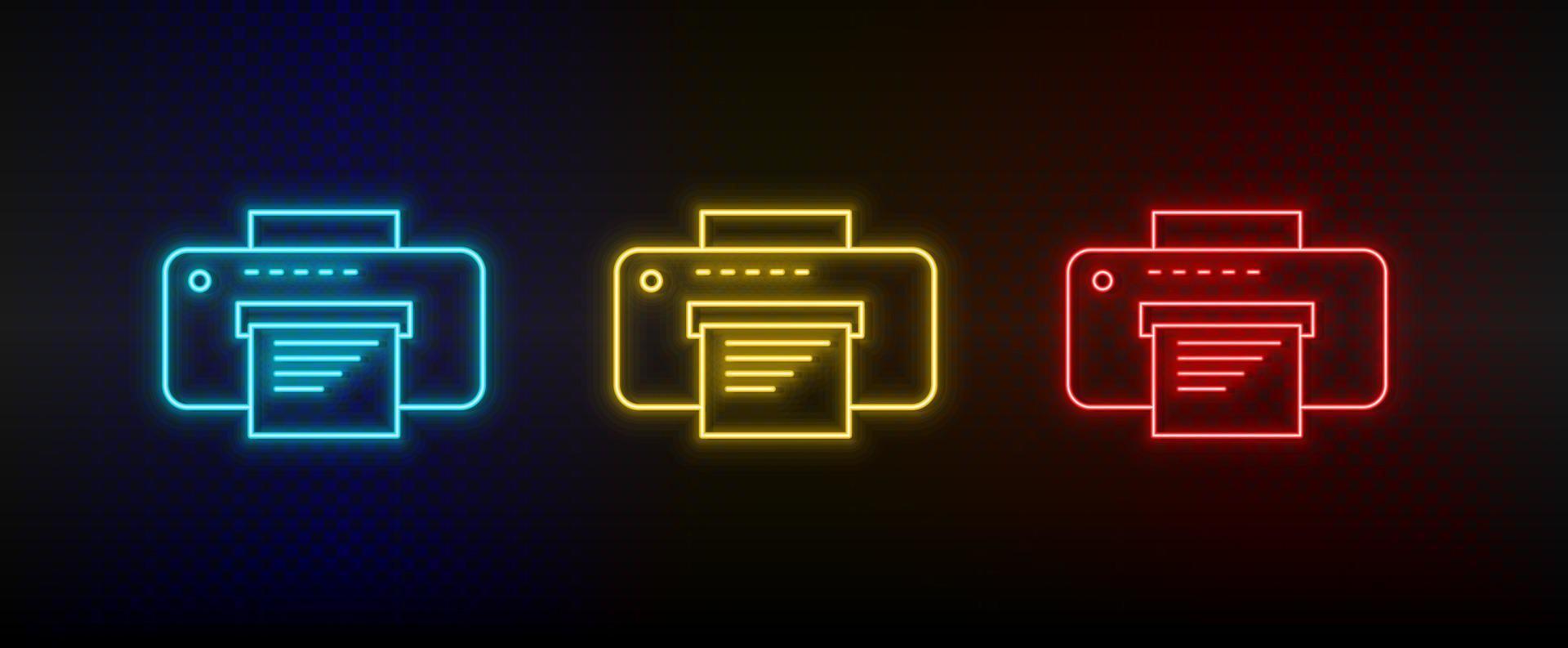 neón icono conjunto Copiar impresora. conjunto de rojo, azul, amarillo neón vector icono en transparencia oscuro antecedentes