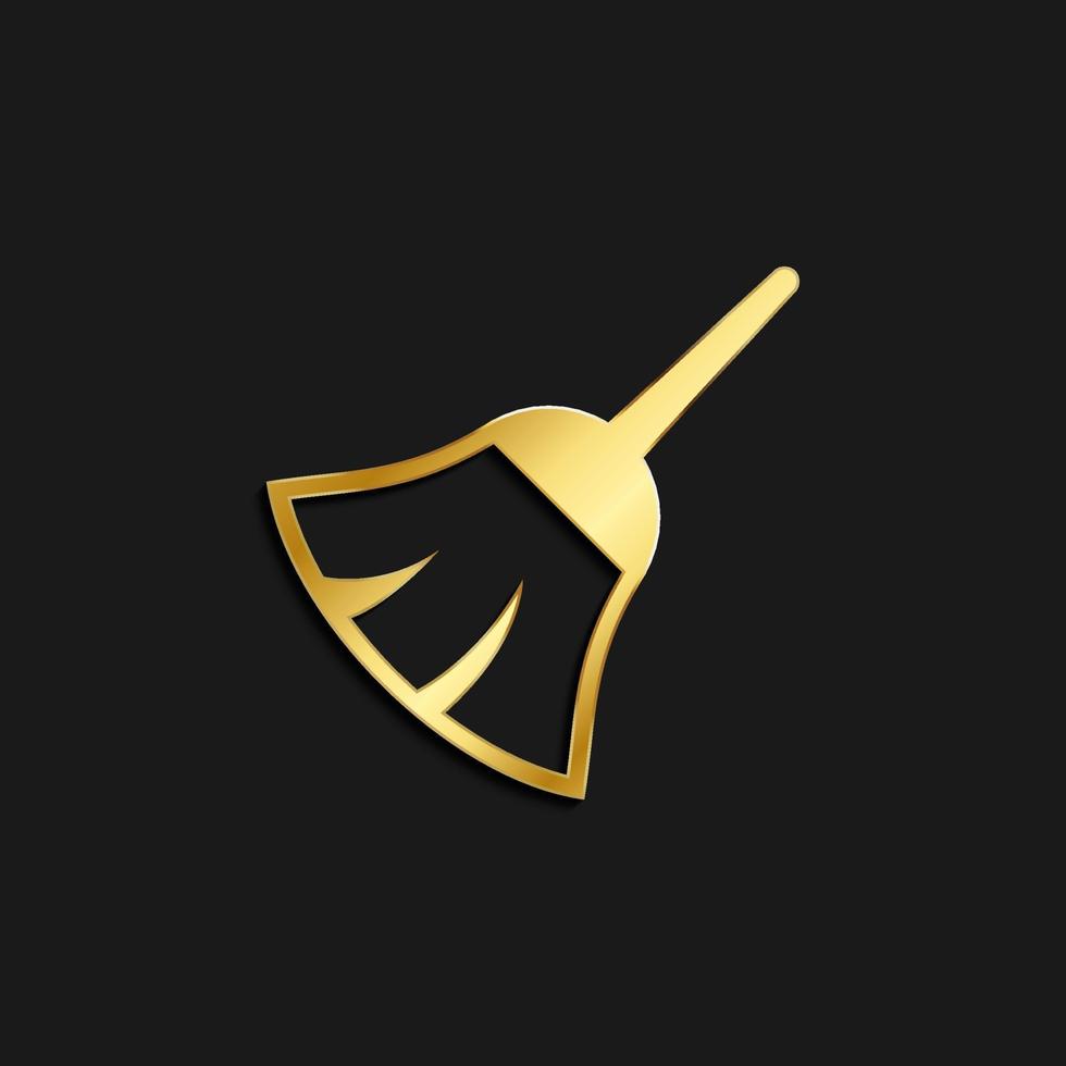 Broom, duster gold icon. Vector illustration of golden icon on dark background