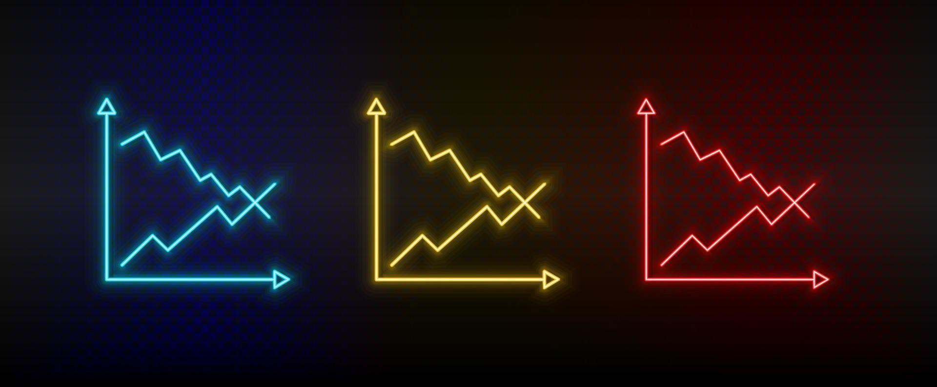 Neon icon set business growth, graph. Set of red, blue, yellow neon vector icon on transparency dark background