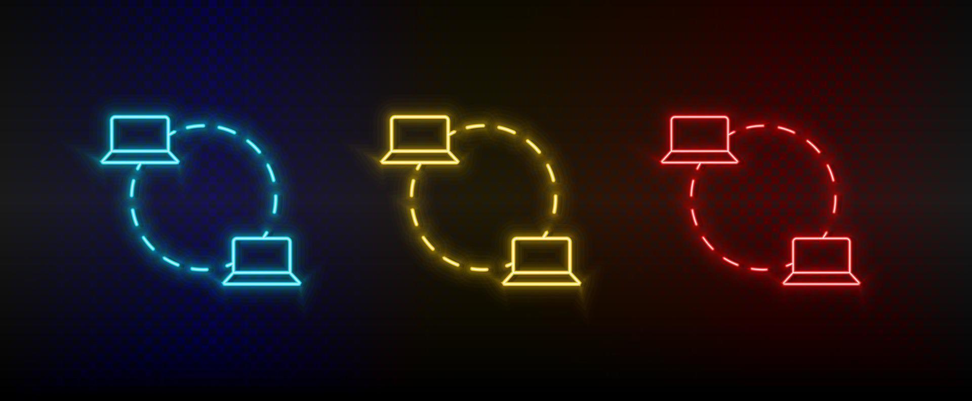 Neon icon set Computer data. Set of red, blue, yellow neon vector icon on transparency dark background