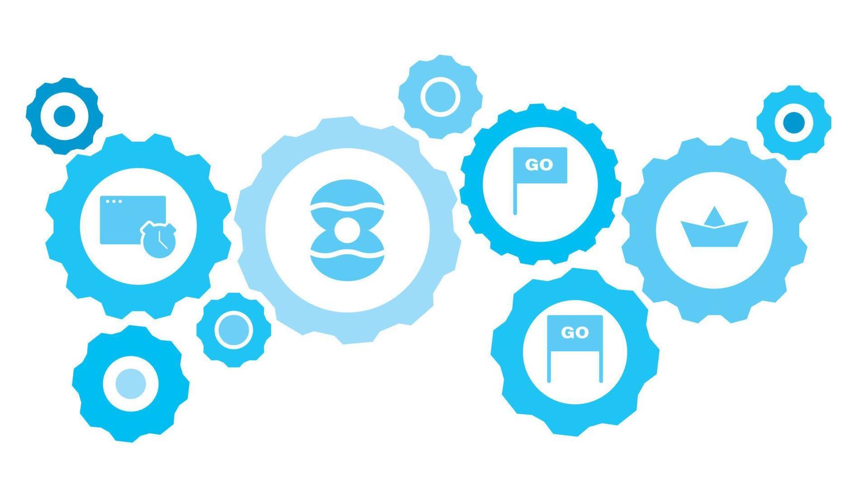 Connected gears and vector icons for logistic, service, shipping, distribution, transport, market, communicate concepts. Hat, rabbit gear blue icon set on white background