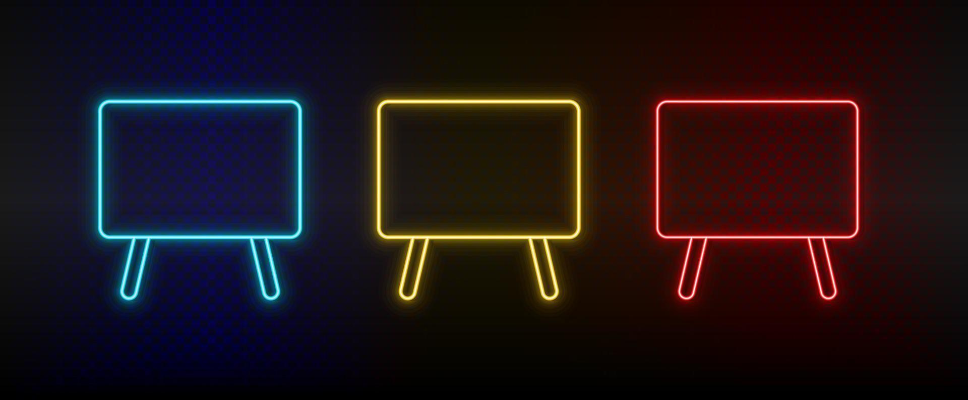 Neon icons, blackboard. Set of red, blue, yellow neon vector icon on darken transparent background