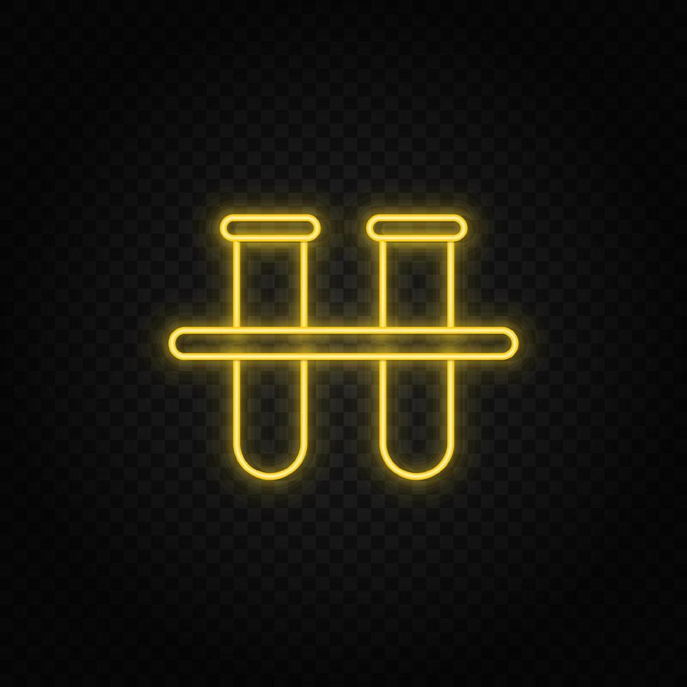 Yellow neon icon lab glassware. Transparent background. Yellow neon vector icon on dark background