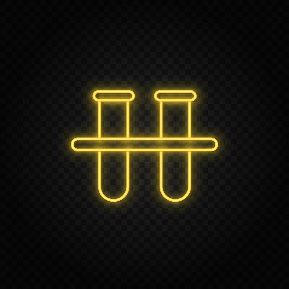 Yellow neon icon lab glassware. Transparent background. Yellow neon vector icon on dark background