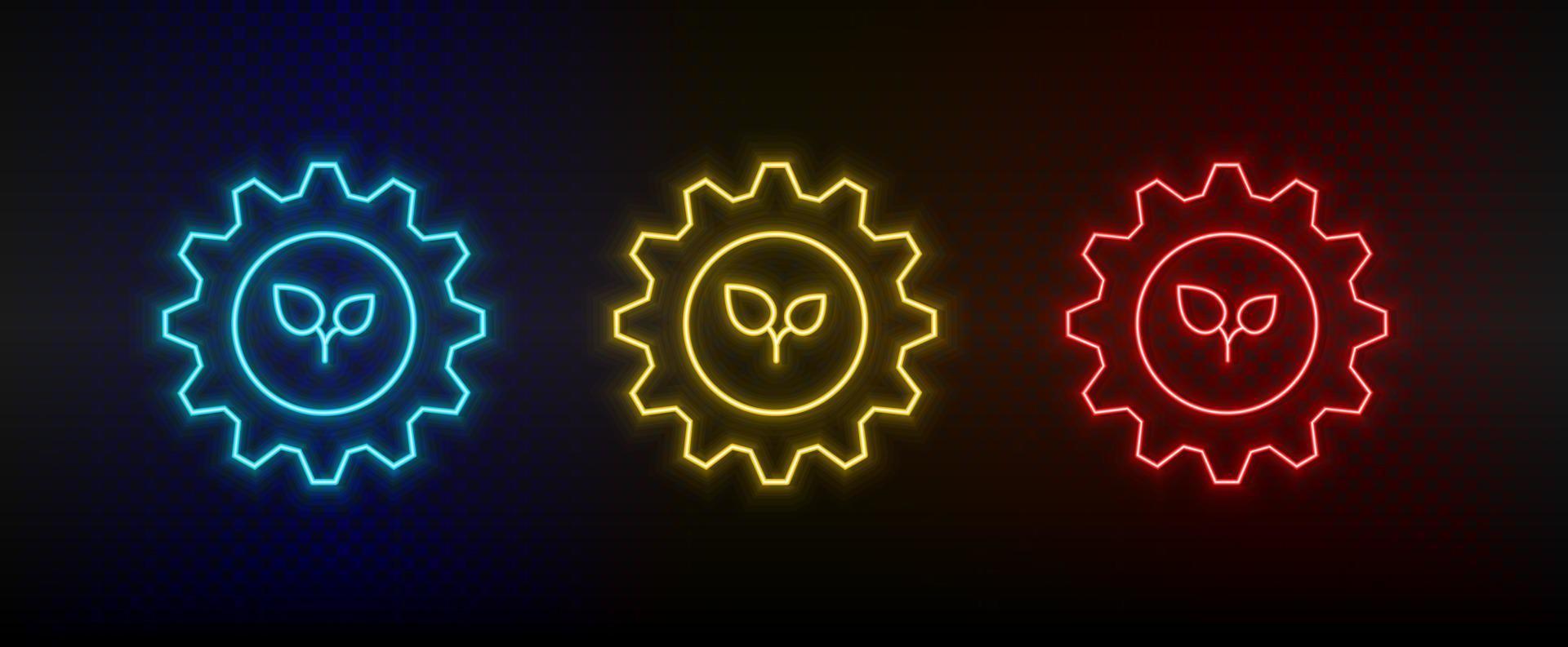 Neon icon set setting, eco, plants. Set of red, blue, yellow neon vector icon on transparency dark background