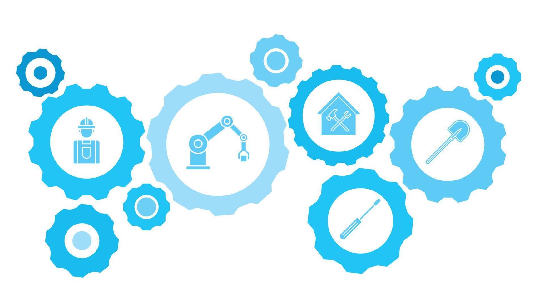 Connected gears and vector icons for logistic, service, shipping, distribution, transport, market, communicate concepts. building, construction, industry, shovel gear blue icon set on white background