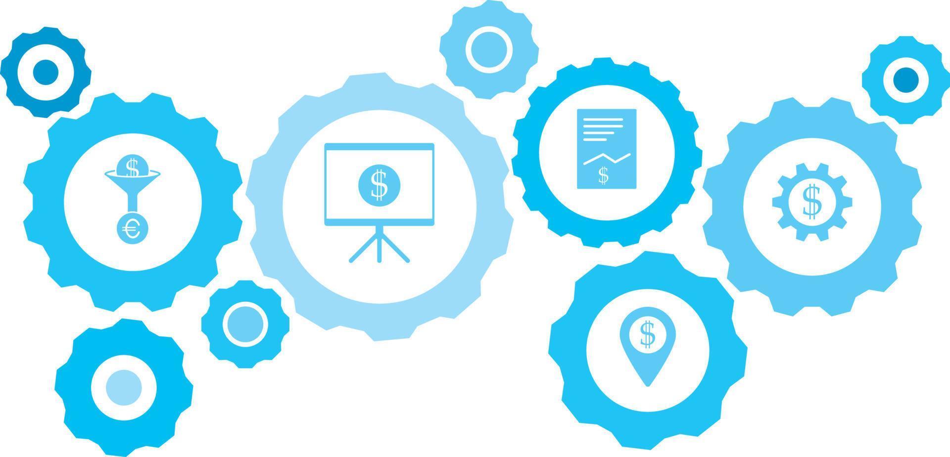 Connected gears and vector icons for logistic, service, shipping, distribution, transport, market, communicate concepts. gear blue icon setbusiness man, finance .