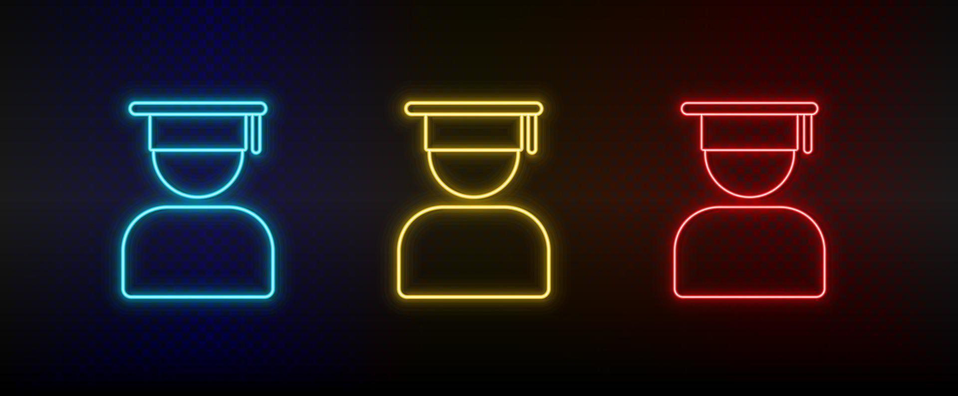 neón iconos, graduado, graduación, avatar. conjunto de rojo, azul, amarillo neón vector icono en oscurecer transparente antecedentes