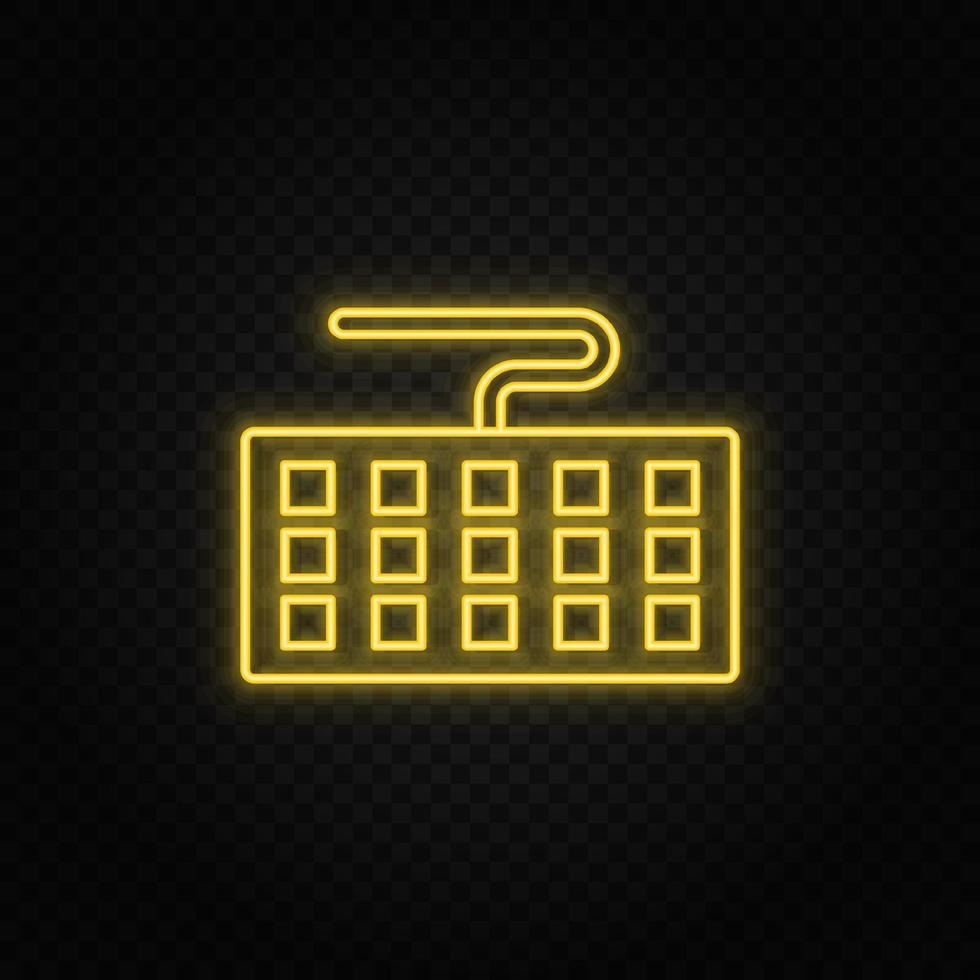 Yellow neon icon keyboard, computer. Transparent background. Yellow neon vector icon on dark background