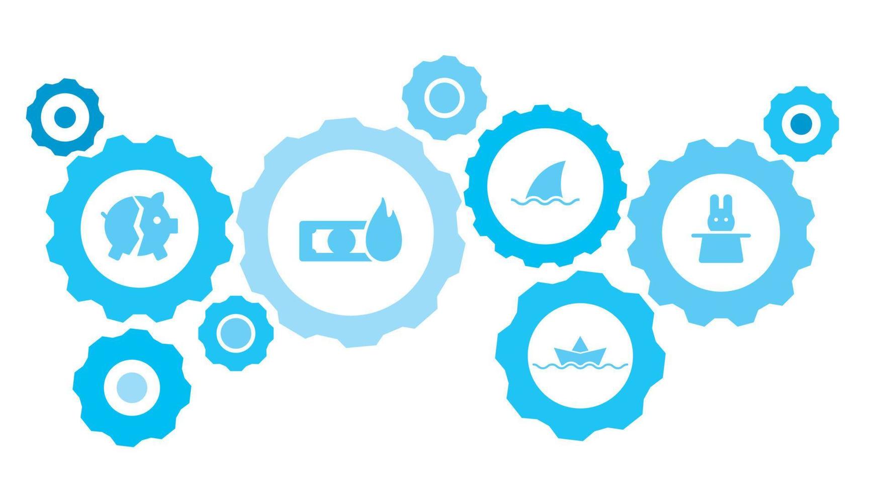 Connected gears and vector icons for logistic, service, shipping, distribution, transport, market, communicate concepts. Ballot, electronic gear blue icon set on white background