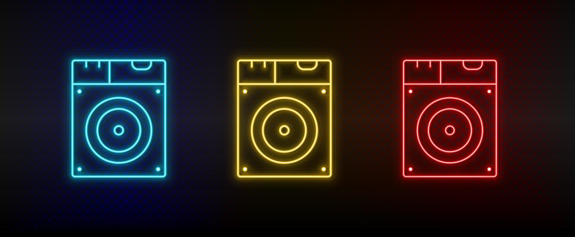 Neon icon set Disk drive. Set of red, blue, yellow neon vector icon on transparency dark background