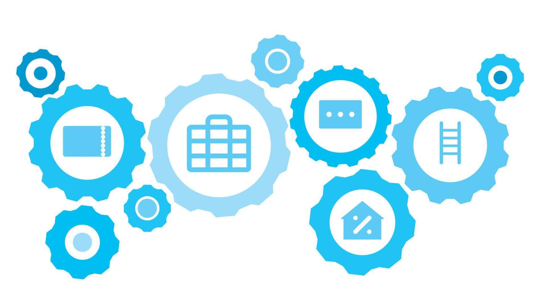 Connected gears and vector icons for logistic, service, shipping, distribution, transport, market, communicate concepts. Business, metaphor, pearl gear blue icon set on white background