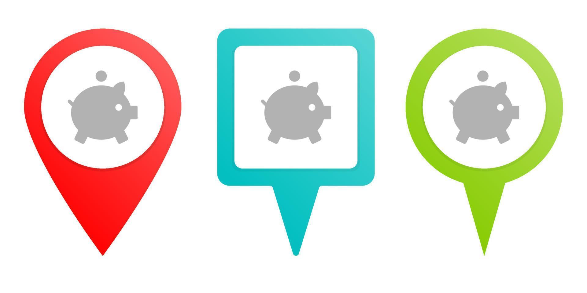 cash, money, piggy bank. Multicolor pin vector icon, diferent type map and navigation point. on white background
