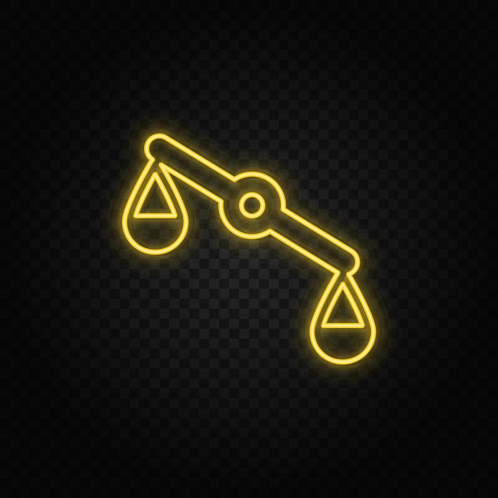 Yellow neon icon misbalance, justice, scale.Transparent background. Yellow neon vector icon on dark background