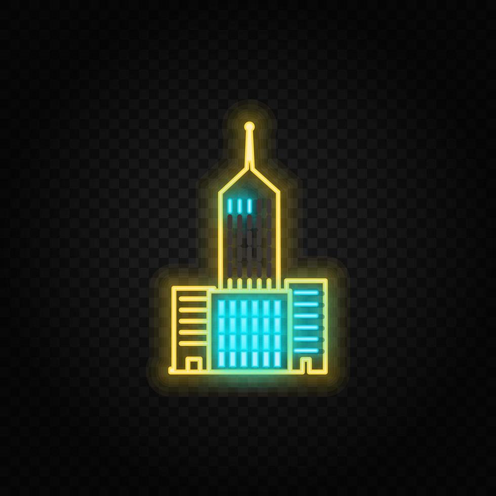 building neon vector icon. Blue and yellow neon vector icon. Vector transparent background