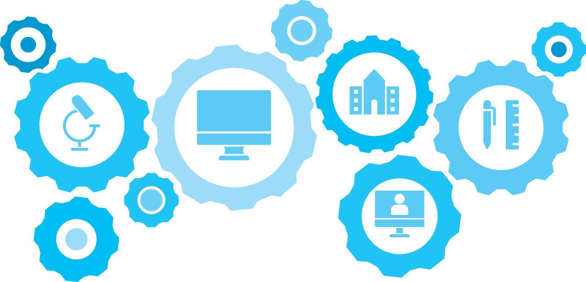 Connected gears and icons for logistic, service, shipping, distribution, transport, market, communicate concepts,ballpeen, ruler, scale gear blue icon set on white background vector