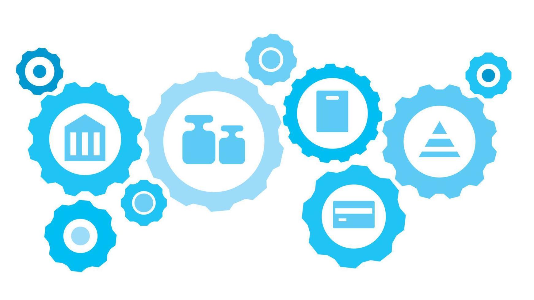 Connected gears and vector icons for logistic, service, shipping, distribution, transport, market, communicate concepts. Bank, gold, money gear blue icon set on white background
