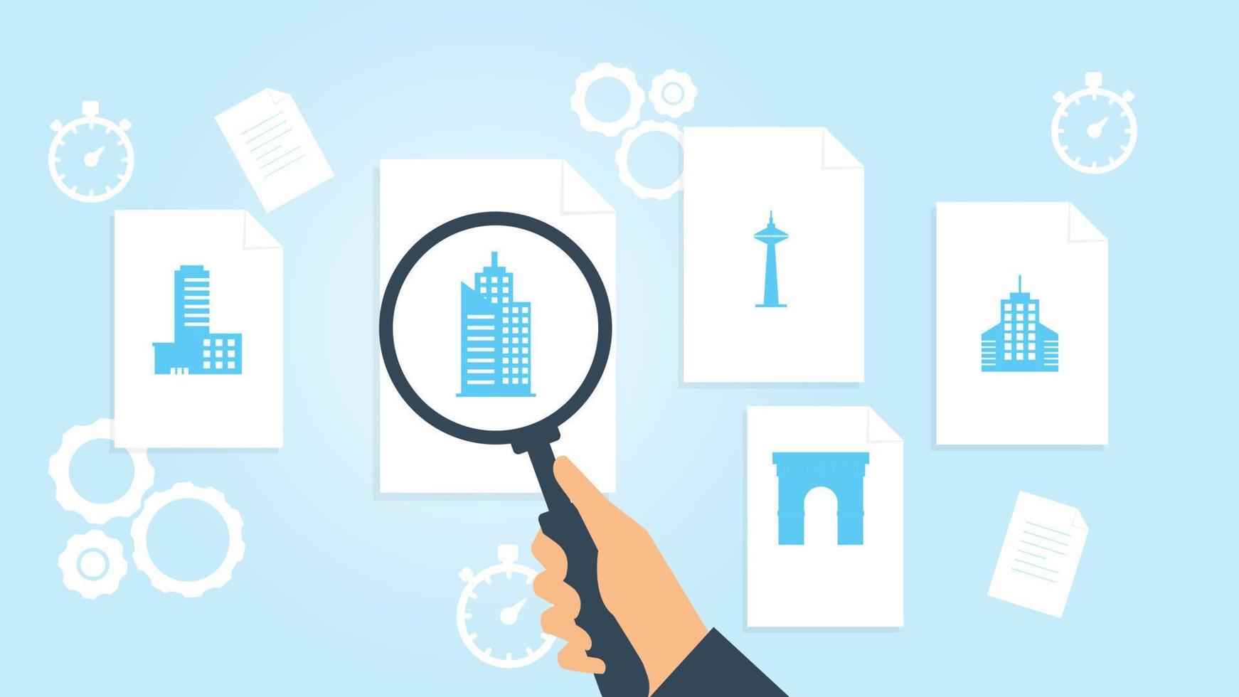 building file, document research vector illustration. Document with search icons. File and magnifying glass. Analytics research sign. Vector Illustration on white background