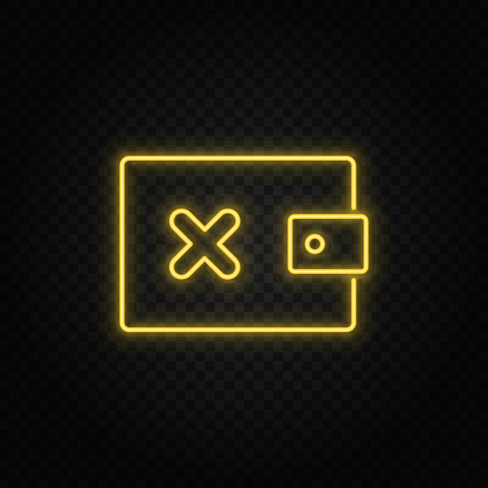 Yellow neon icon delete, money, wallet.Transparent background. Yellow neon vector icon on dark background