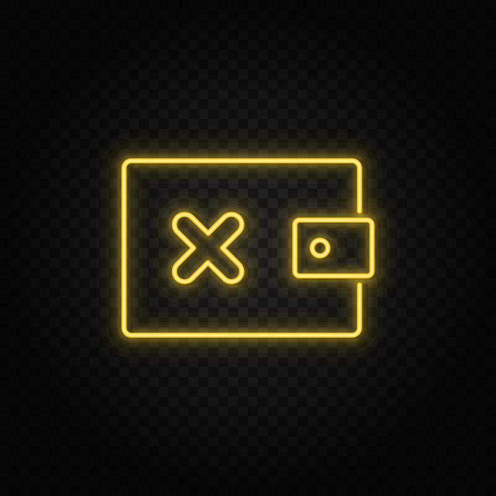 Yellow neon icon delete, money, wallet.Transparent background. Yellow neon vector icon on dark background