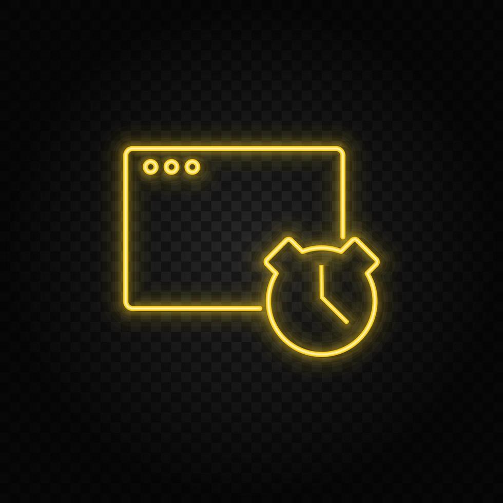 amarillo neón icono negocio, reloj, optimización.transparente antecedentes. amarillo neón vector icono en oscuro antecedentes