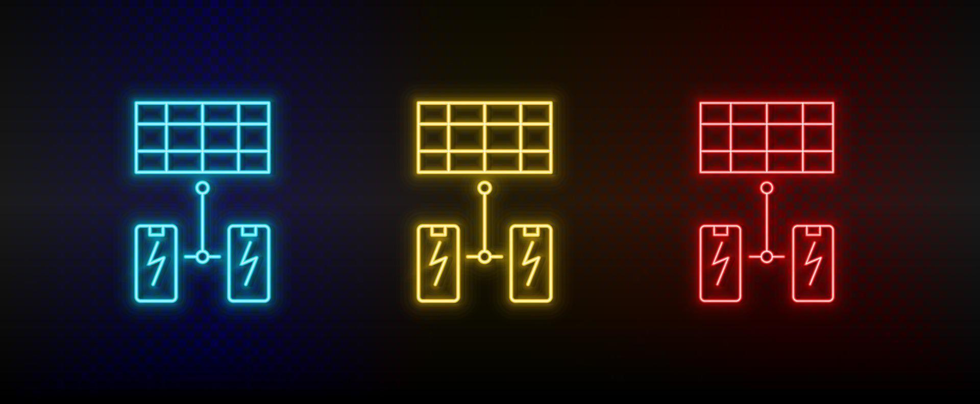 neón icono conjunto solar, batería. conjunto de rojo, azul, amarillo neón vector icono en transparencia oscuro antecedentes