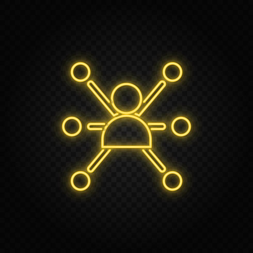 Yellow neon icon business, network, product.Transparent background. Yellow neon vector icon on dark background