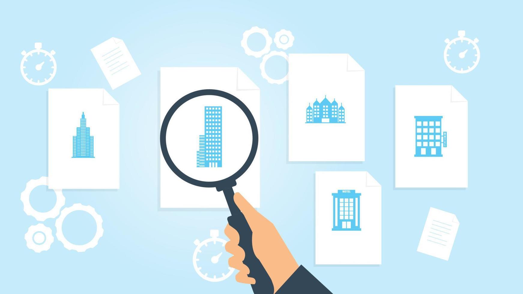 Building hotel file, document research vector illustration. Document with search icons. File and magnifying glass. Analytics research sign. Vector Illustration on white background