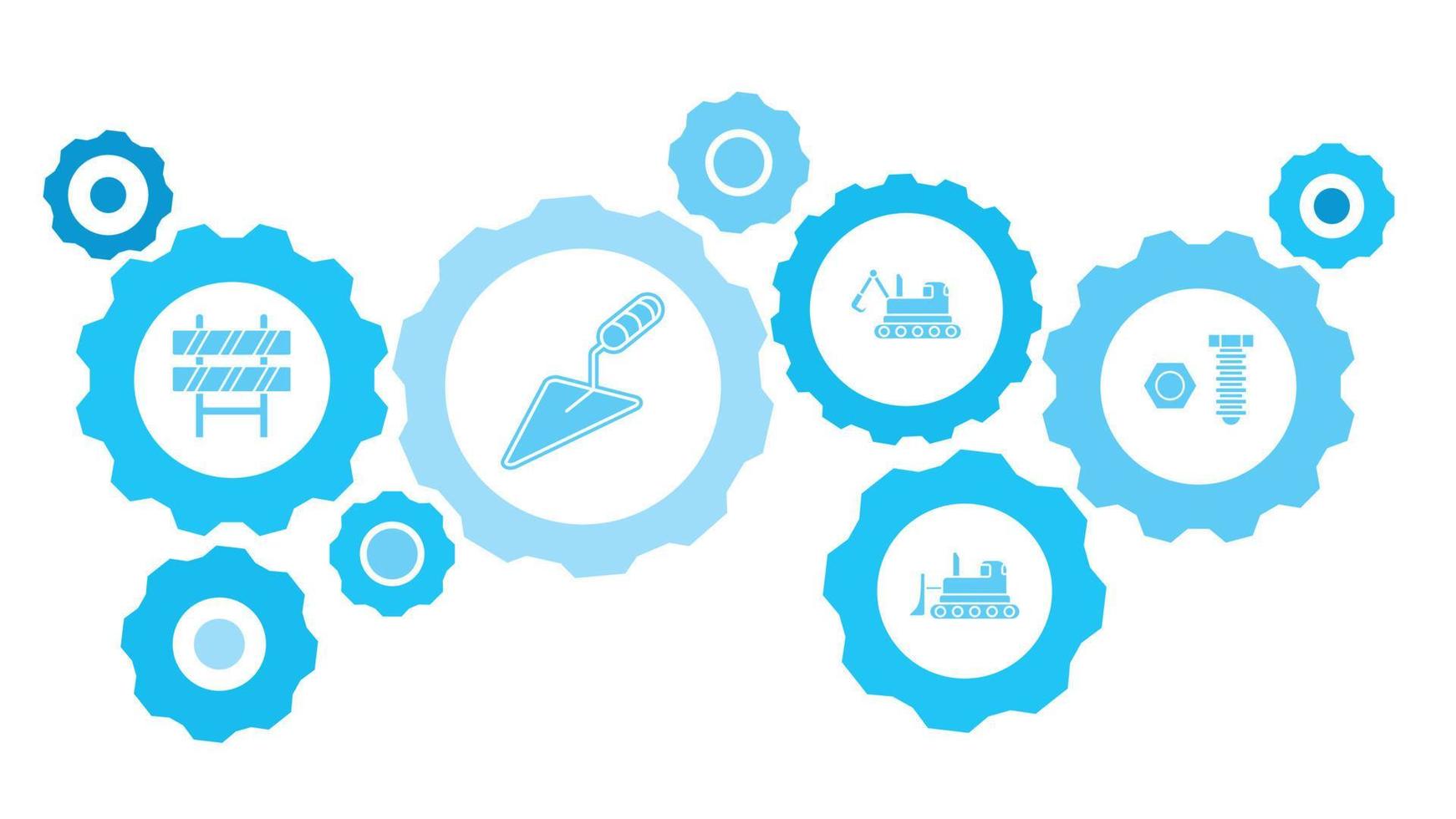Connected gears and vector icons for logistic, service, shipping, distribution, transport, market, communicate concepts. building, construction, industry gear blue icon set on white background