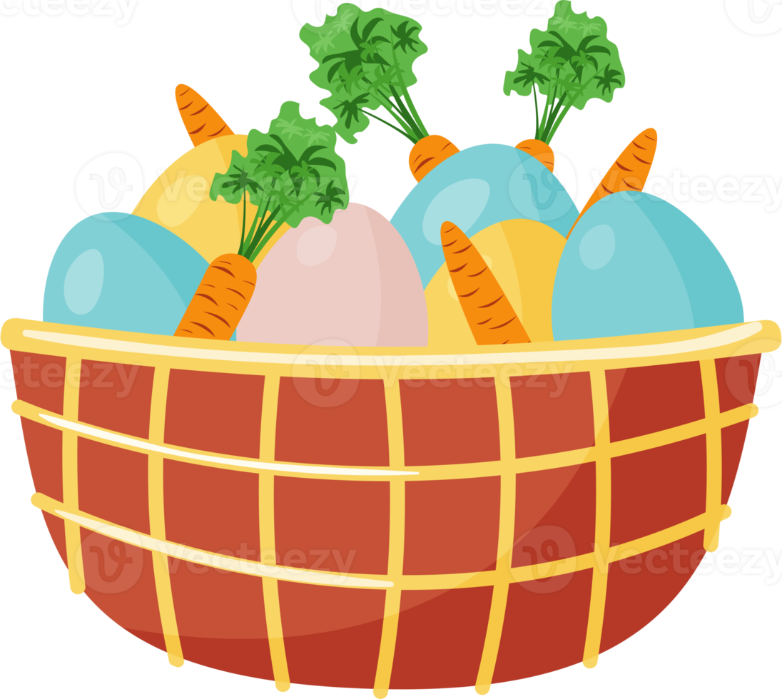 Basket with Eggs, Carrots. PNG