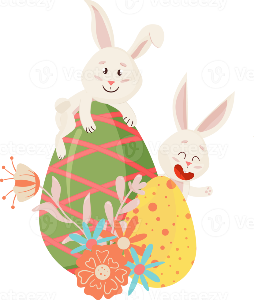 Bunny Character. Sitting on Egg, Smiling Funny, Happy Easter Cartoon Rabbit with Eggs, Basket, Floral, Flower. PNG