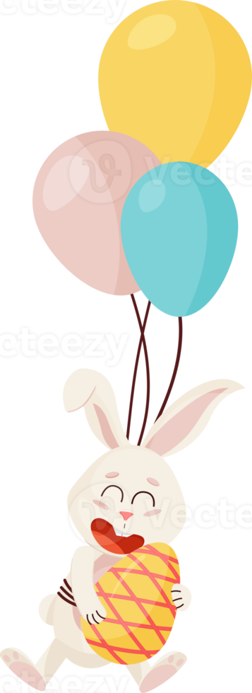 Bunny Character. Flying and Laughing on Three Balloons Funny, Happy Easter Cartoon Rabbit with Egg. PNG