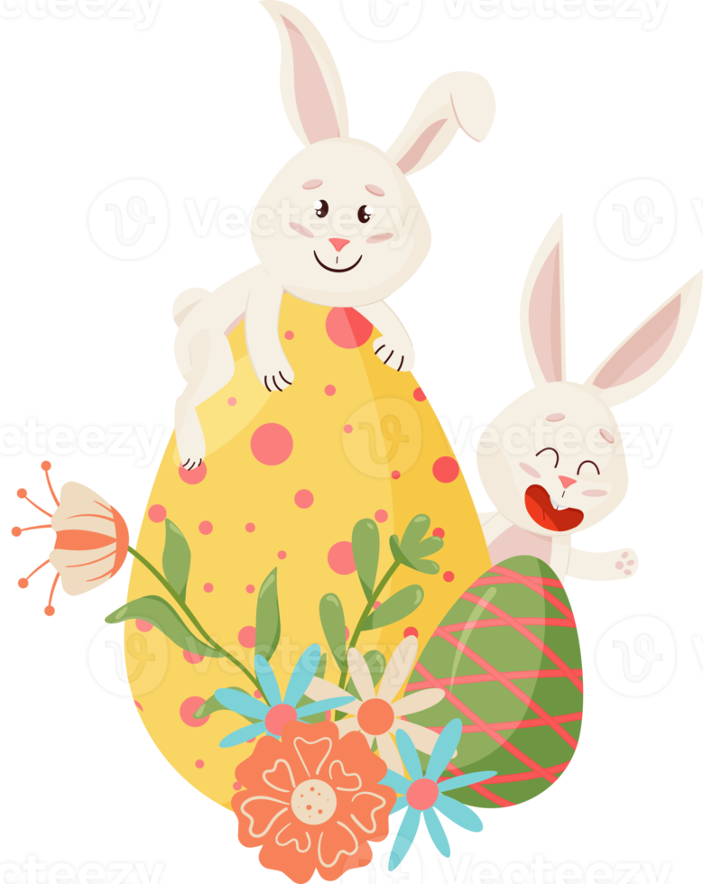 Bunnies Character. Sitting on Egg, Smiling Funny, Happy Easter Cartoon Rabbits with Eggs, Flower.PNG png